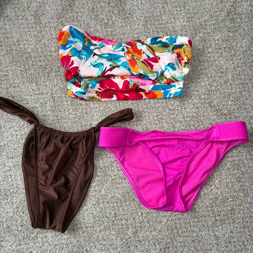Colorful Floral Bandeau Bikini Top with Pink & Brown Bottoms set